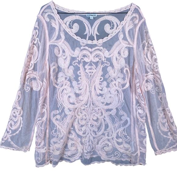 Express Womens Blouse Pink Lace Floral Mesh Sheer Long Sleeve Boat Neck Large - Picture 1 of 14